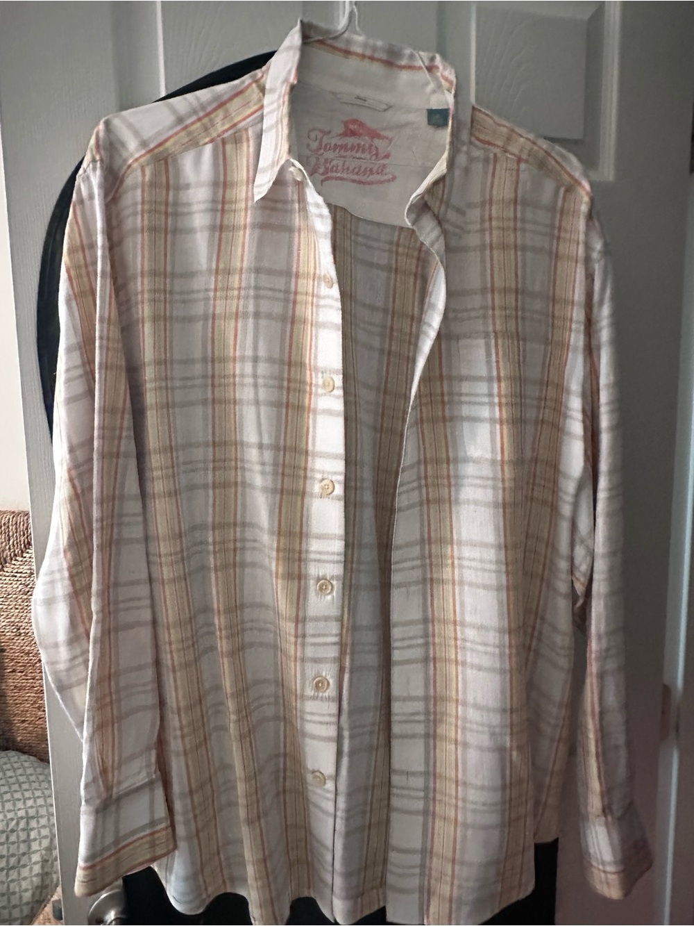 Tommy Bahama Linen Men's Cream Plaid Button-Up Shirt